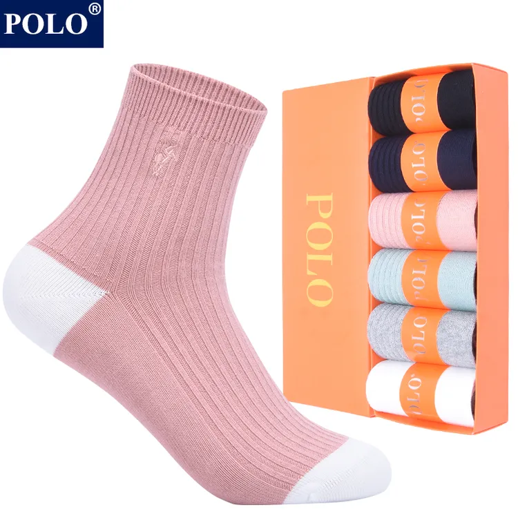 POLO袜子女纯色条纹百搭中筒袜秋冬保暖御寒无骨休闲运动跑步棉袜
