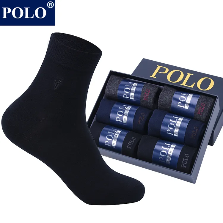 POLO商务上班男士纯色中筒袜子秋冬保暖吸湿排汗四季黑色精美礼盒