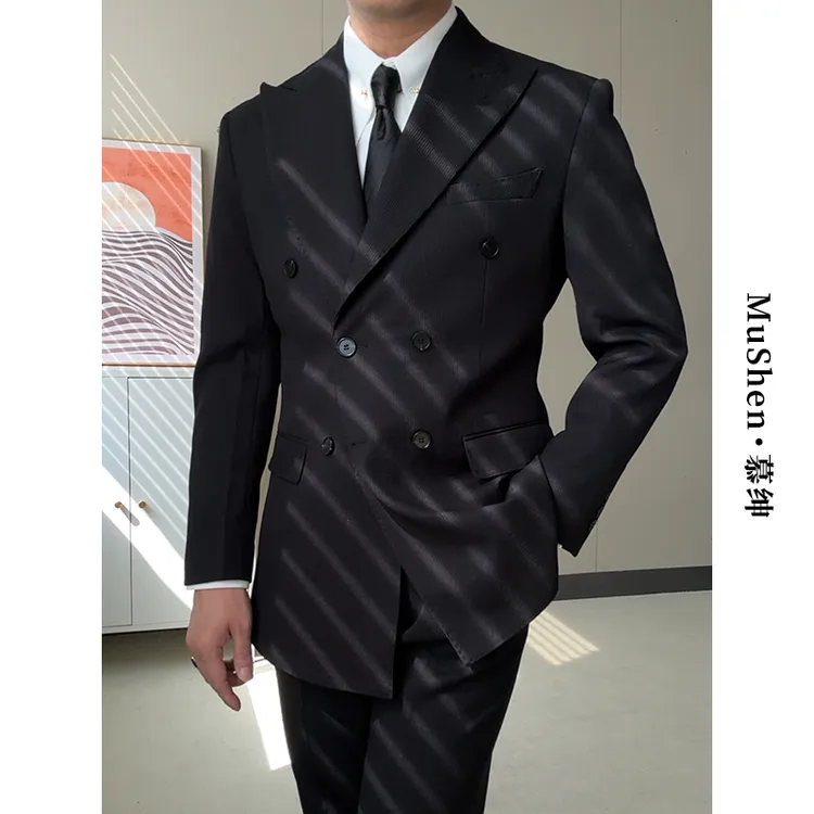 慕绅黑色双排扣戗驳领西服套装商务婚礼宴会免烫纯色西装高级感男