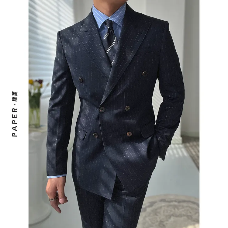 意式绅士双排扣西服套装职业商务戗驳领气质条纹西装时髦高级感男