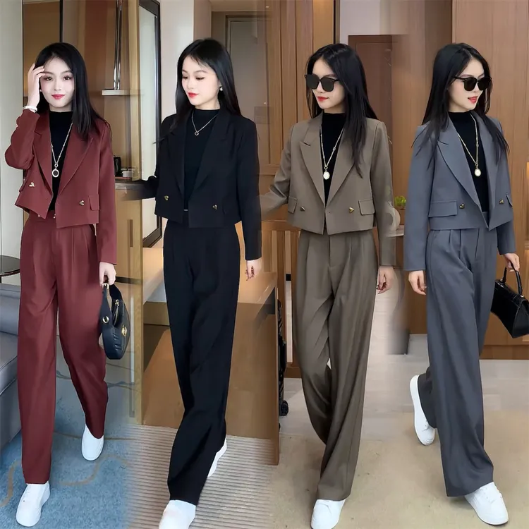 2025春季新款西装套装女两件套休闲显瘦减龄纯色气质上衣+长裤子