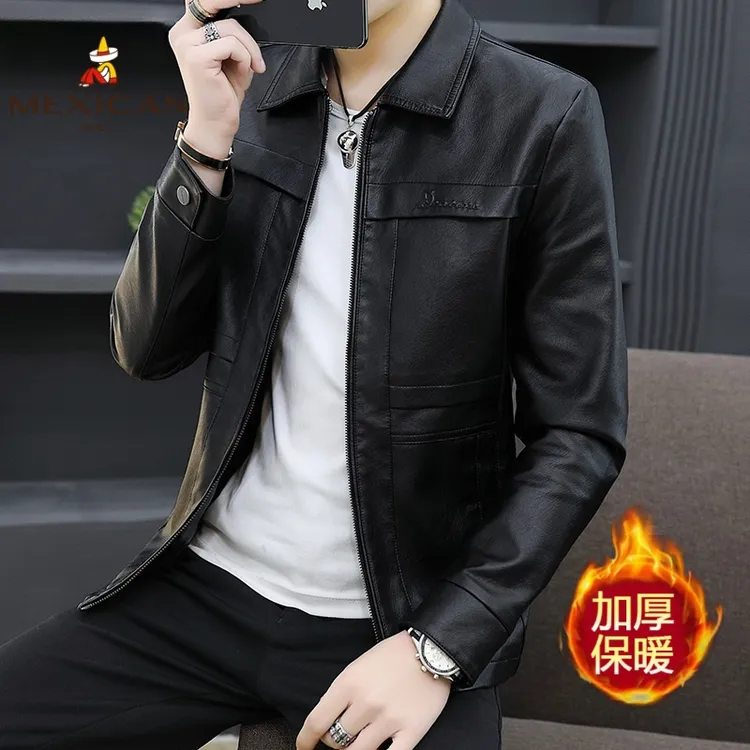 Mexican/稻草人春秋男士修身百搭商务皮夹克潮流时尚休闲青年皮衣