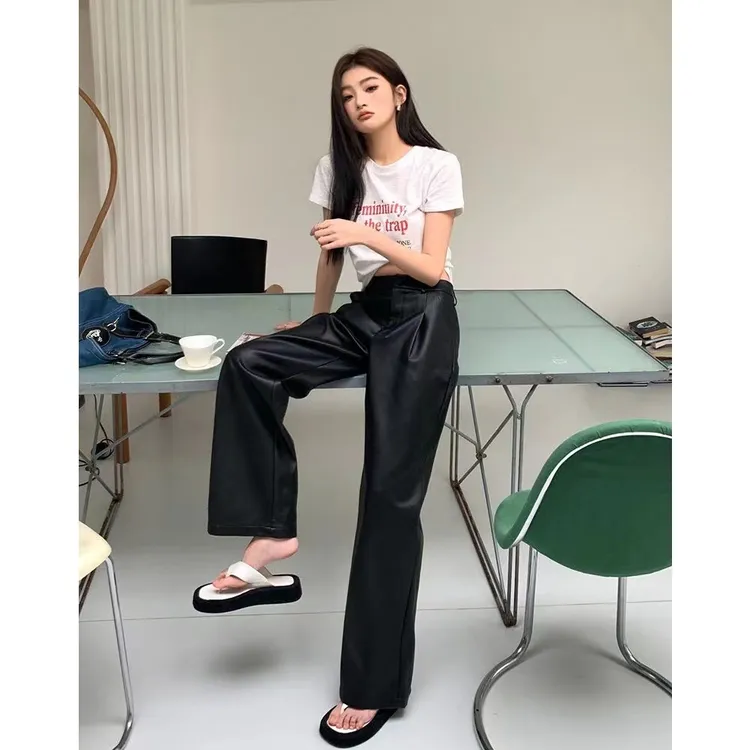 直筒皮裤宽松皮裤显瘦网红高腰时尚休闲百搭黑色加绒拖地秋季
