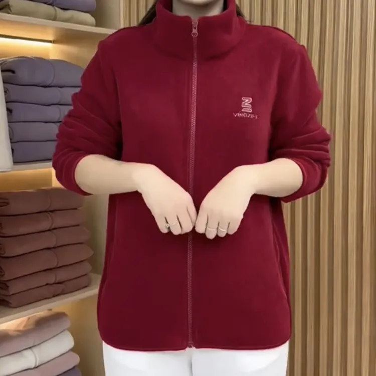 秋冬摇粒绒加绒外套短款中老年女装冬装保暖抓绒上衣