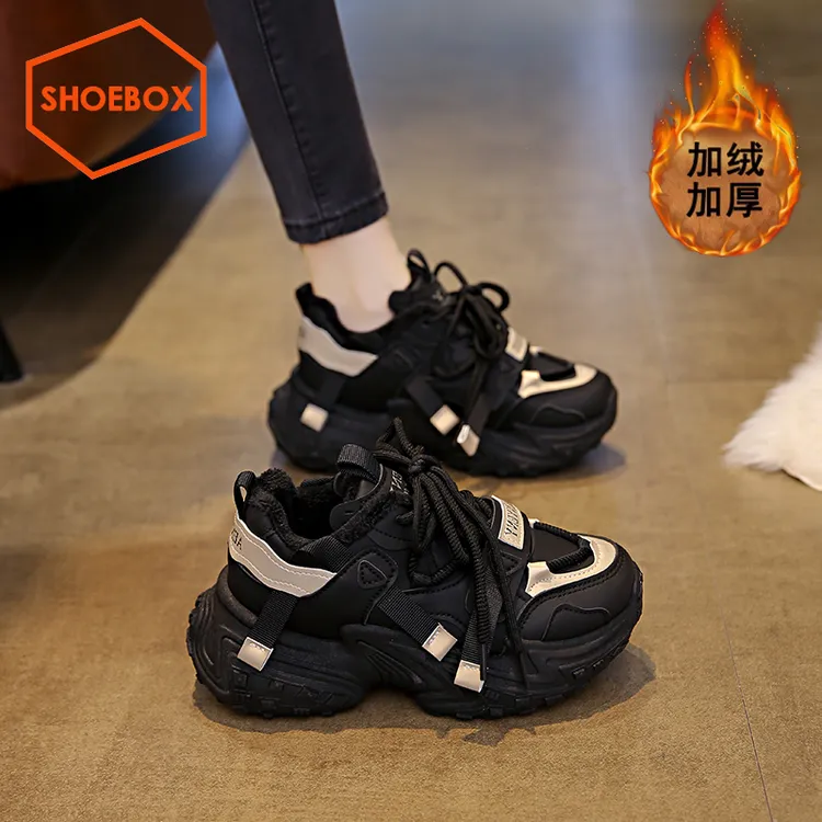 SHOEBOX鞋柜黑色厚底鞋子女2025新款冬季加绒老爹鞋百搭运动鞋