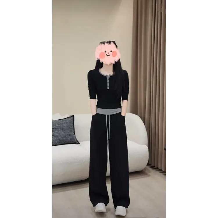 2024新款拼色长袖T恤女设计感百搭上衣阔腿高腰垂感休闲裤子套装