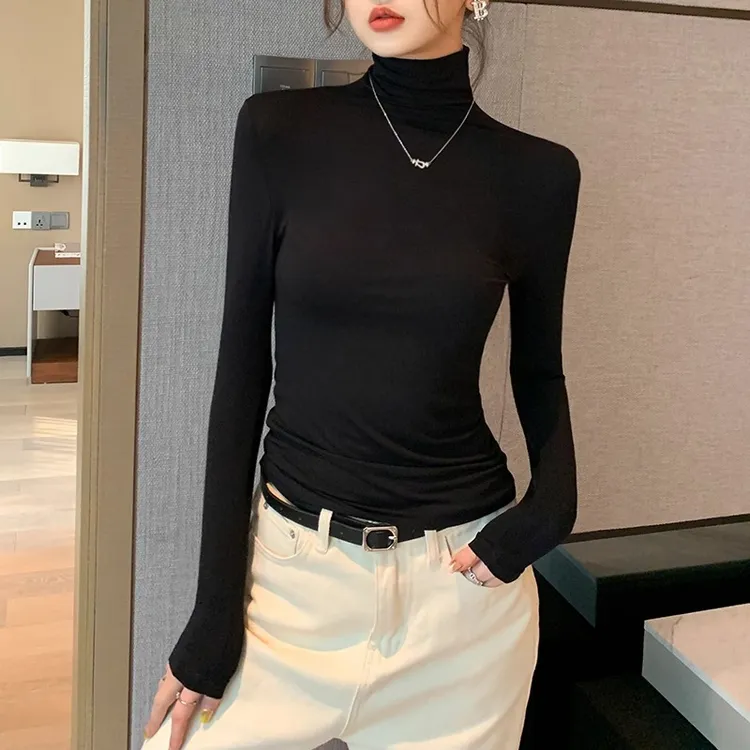 HTKD黑色莫代尔打底衫女内搭长袖T恤高领洋气堆领修身春秋冬新款