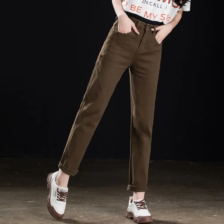 咖啡色牛仔裤女2025秋冬加绒加厚高腰宽松弹力显瘦休闲哈伦老爹裤