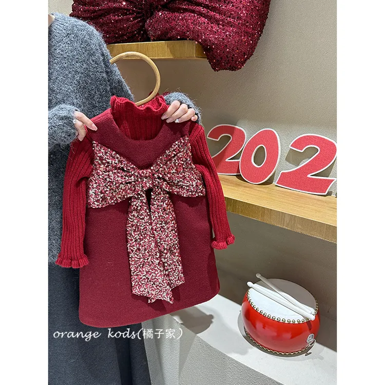 A字裙长袖连衣裙秋冬公主裙红色礼服冬季韩版宝宝加绒HS55259