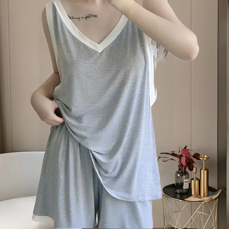 大码200斤运动休闲薄款冰丝套装V领睡衣无袖背心短裤家居睡衣女士