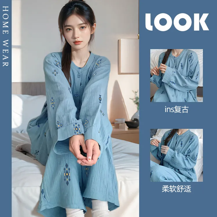 韩版ins复古睡衣女春秋季长袖长裤圆领开衫高级感大码休闲家居服 