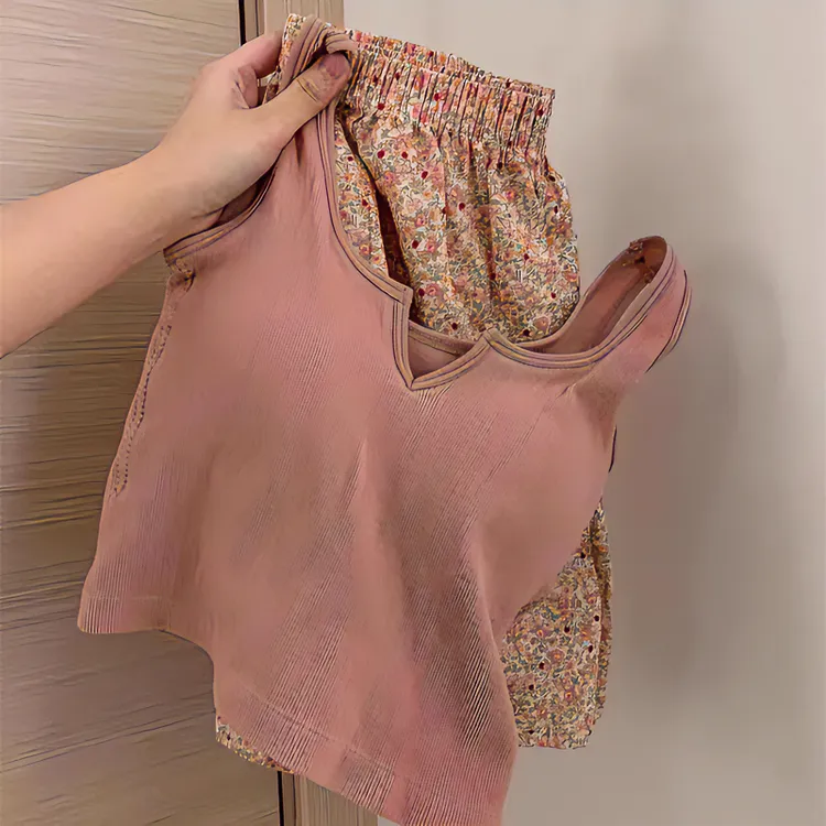 甜美带胸垫吊带睡衣女夏季运动背心碎花短裤可外穿休闲家居服套装