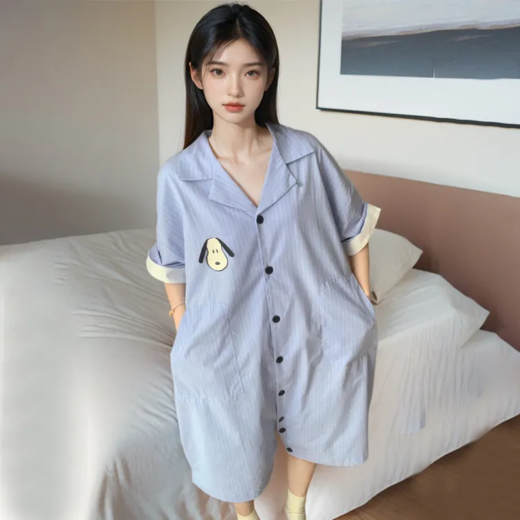 卡通史努比短袖连体睡衣女夏季薄款甜美可爱睡袍连衣裙宽松家居服