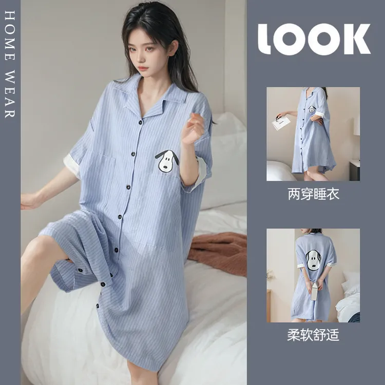 少女可爱史努比短袖睡衣女夏季薄款连体睡裙可外穿宽松休闲家居服