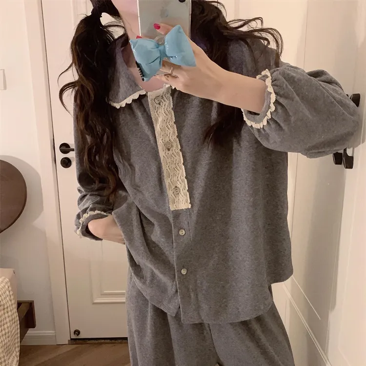 睡衣女娃娃领减龄家居服牛奶绒德绒秋冬季蕾丝韩版甜美套装春秋季