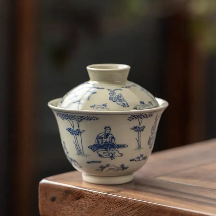 草木灰三才盖碗竹林七贤泡茶器泡茶碗功夫茶复古陶瓷茶具茶盖碗