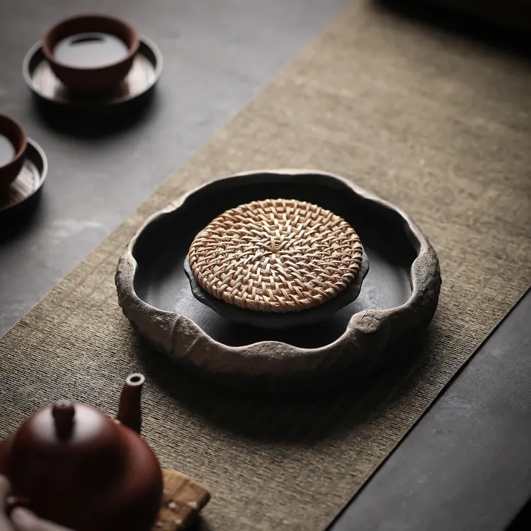 复古粗陶壶承壶垫家用干泡茶盘养壶托盘紫砂壶储水式侘寂风茶器
