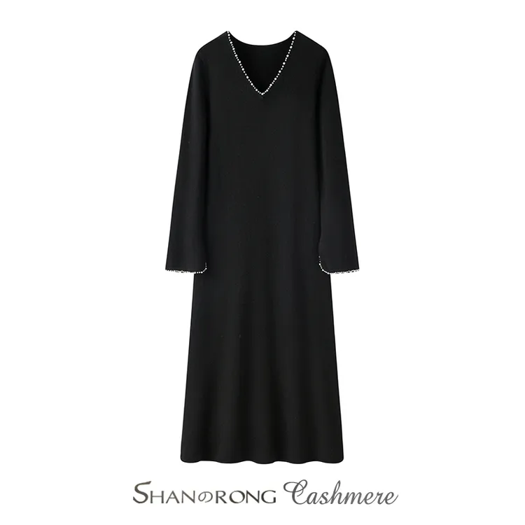赫本风连衣裙100%纯山羊绒手缝钉珠宽松针织中长裙秋冬保暖内搭厚
