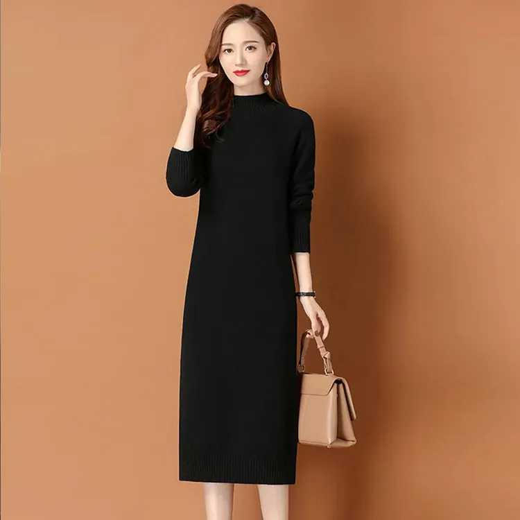 100纯羊绒衫女半高领秋冬长款过膝毛衣裙宽松百搭羊毛针织打底衫