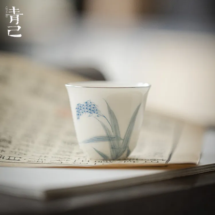 青己 薄胎玉泥青花手绘品茗杯功夫茶具陶瓷单杯 穗穗平安望舒茶杯