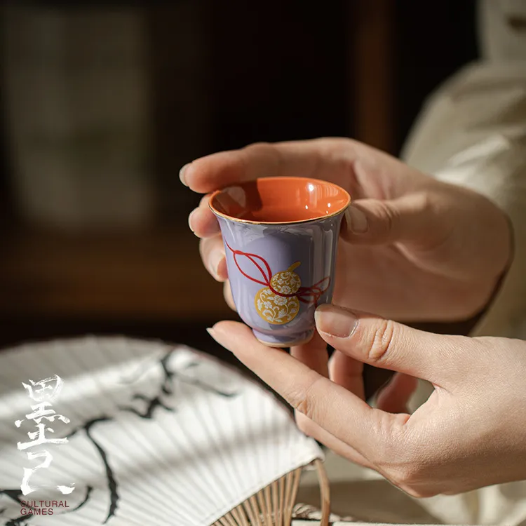 墨己 木槿紫撞色矾红茶杯 传统色金银错葫芦品茗杯 描金家用单杯