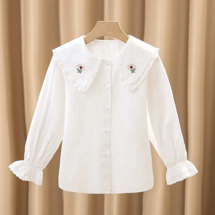 女童秋装2025新款白色娃娃领长袖宝宝洋气中大童时尚刺绣花边上衣