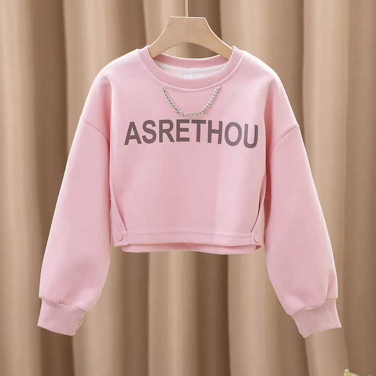 女童短款卫衣圆领上衣中大童长袖洋气女童夏装6-12岁潮款高级感