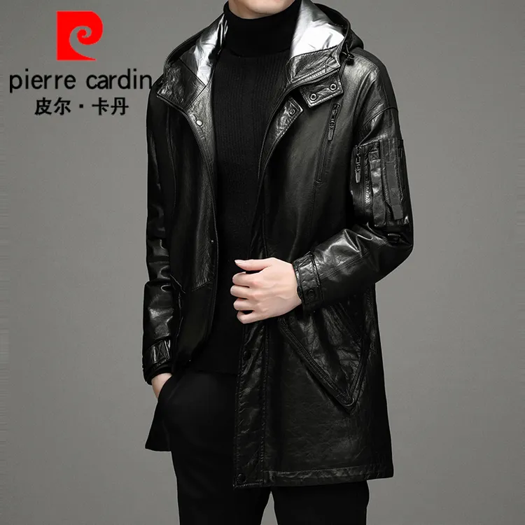 【油蜡山羊皮】皮尔卡丹新款真皮皮衣男士中长款羽绒服连帽22001