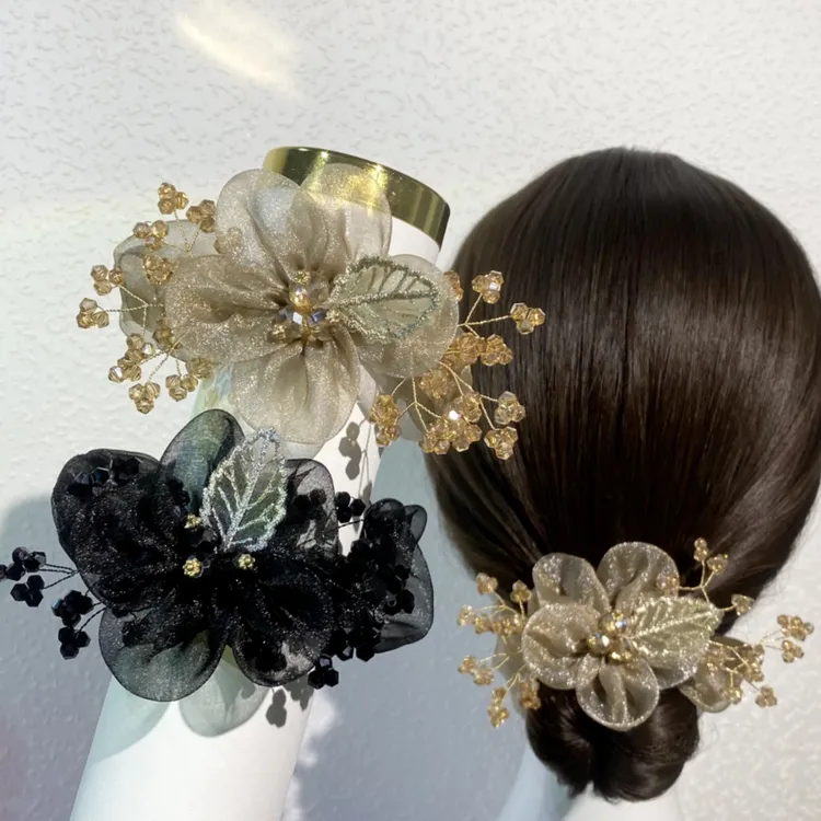 2025新款树叶刺绣纱花发圈马尾头绳轻奢扎头发发饰女头花头饰