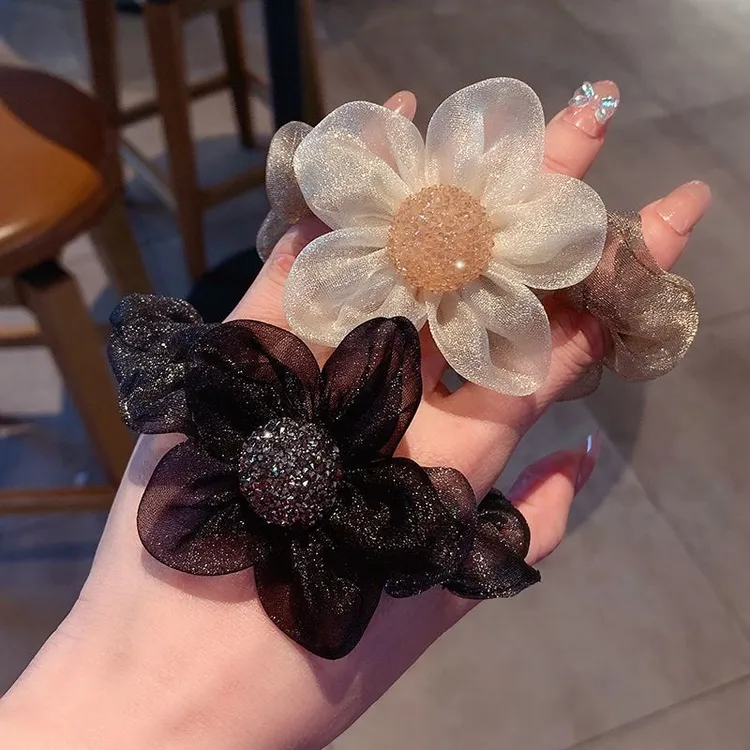 韩国网红闪钻欧根纱新花朵头绳女气质欧根纱大肠圈扎头发的皮筋