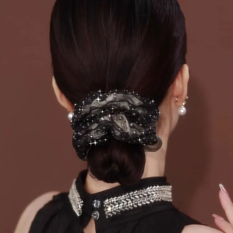 法式温柔气质头绳2025新品女超闪镶钻印花薄纱发圈大号大肠圈