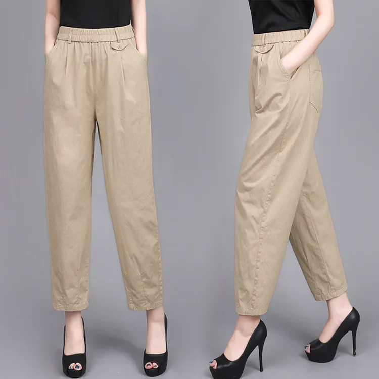 2025春夏新款宽松中年小脚哈伦裤洋气显瘦高腰休闲裤纯棉九分裤女