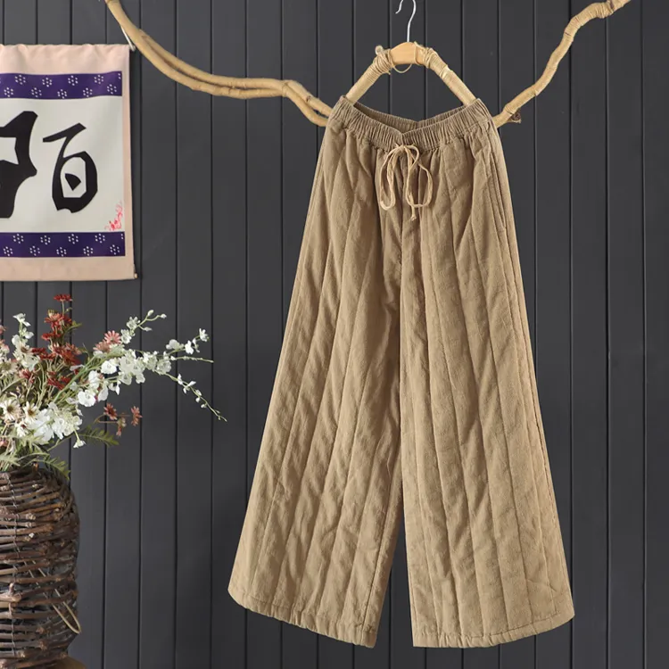 复古外穿夹棉大码棉裤加厚亚麻长裤阔腿裤