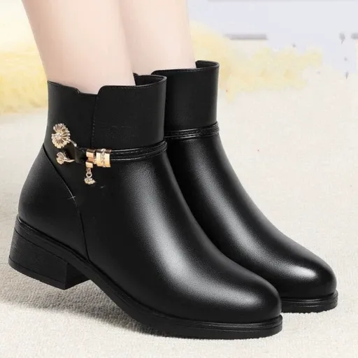 2024秋冬新款妈妈鞋圆头加绒保暖舒适防滑粗跟软底加厚中老年短靴