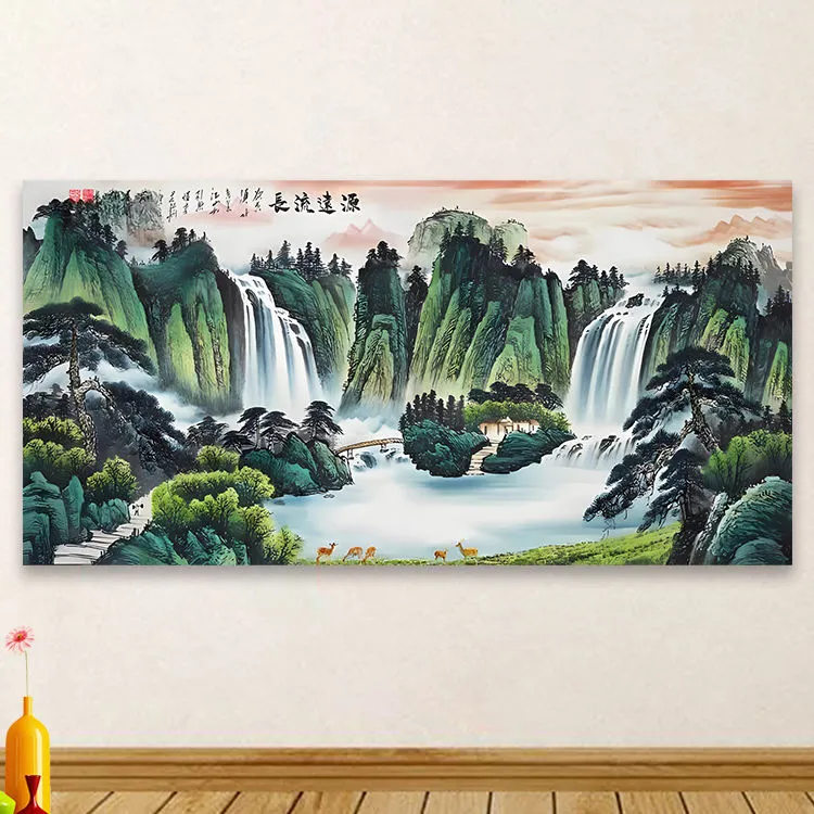 源远流长山水画西墙挂画聚宝盆客厅沙发背景装饰画办公室招财贴画