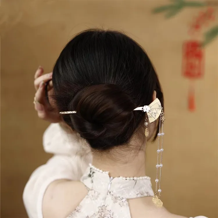 铜合金亚克力发饰 2023年发饰折叠扇子古典古风流苏银杏叶发簪