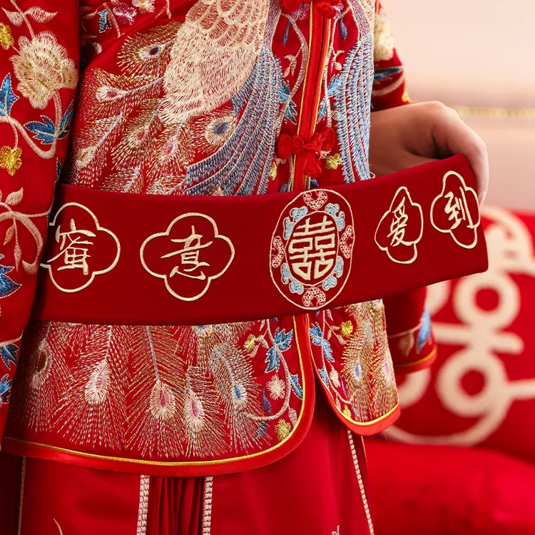 结婚红腰带一对新娘陪嫁新郎刺绣款高档腰缠万贯喜带婚庆用品大全