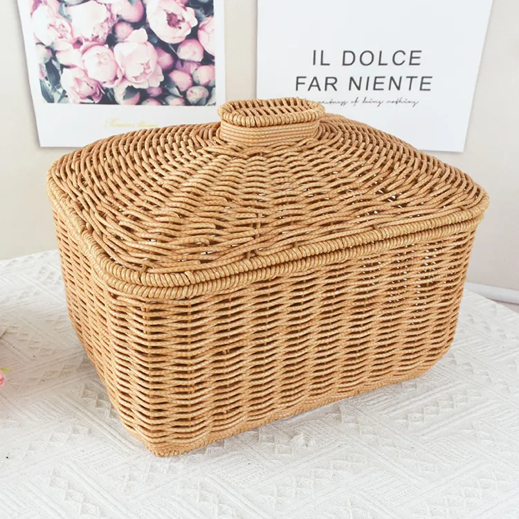 仿藤编织水果篮带盖长方形零食收纳筐藤编鸡蛋篮储物收纳盒馒头筐