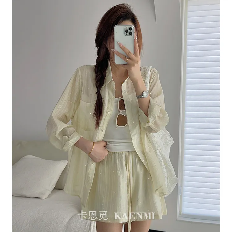 轻薄防晒小众两件套装女2025夏新款衬衫+短裤设计感亮片长袖上衣