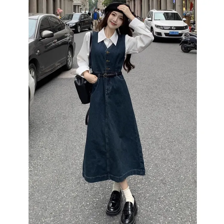 茶系穿搭一整套女春秋2025新款miu系盐系轻熟牛仔连衣裙两件套装