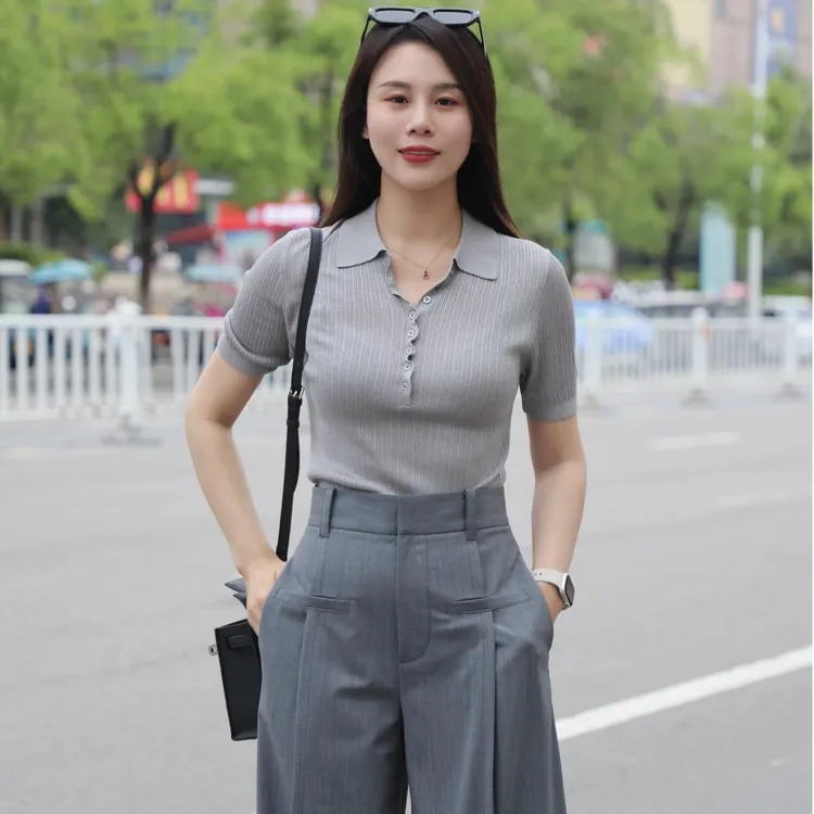 衣依阿家5399710新款时尚修身花边翻领细闪亮丝针织T恤衫