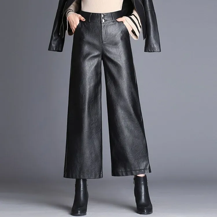九分不裂皮女阔腿皮裤子女秋冬新款保暖直筒韩版高腰显瘦休闲皮裤