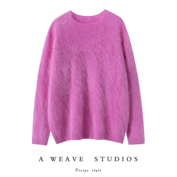 TY-L506已开价 100%山羊绒衫无缝拉绒圆领宽松慵懒风加厚针织衫