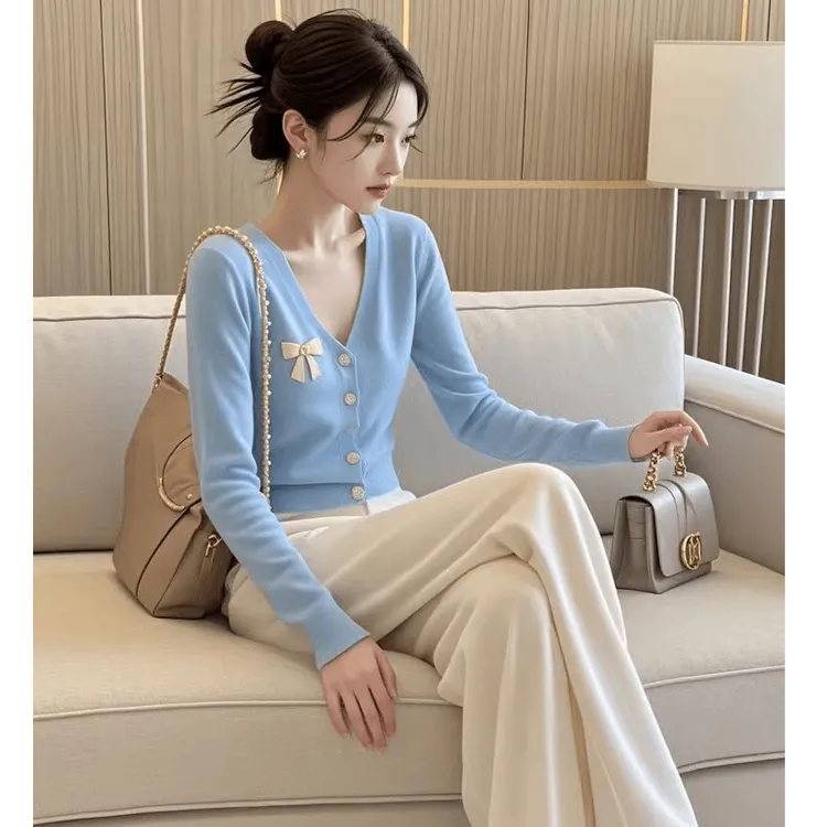 春秋穿搭一整套漂亮女装时髦洋气小香风蓝色针织衫阔腿裤两件套装