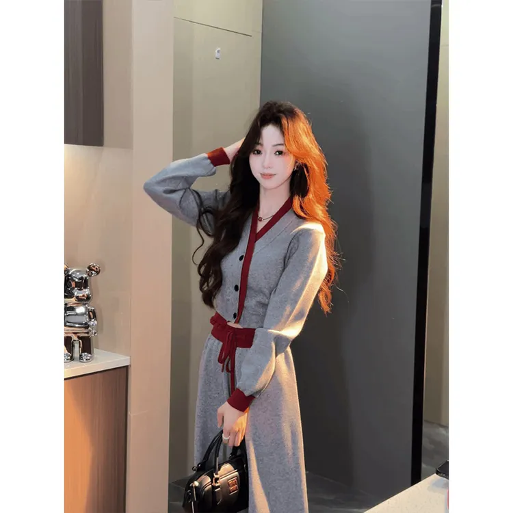 2024早秋季新款气质长袖时尚撞色针织上衣高腰休闲阔腿裤两件套女