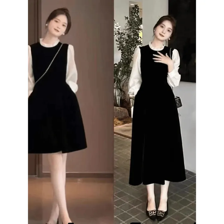 新款木耳边气质百搭长袖中长款连衣裙赫本风拼接撞色假两件小黑裙