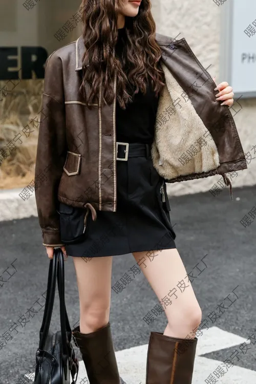 秋冬加绒短款皮衣女外套新款工装立领显瘦机车夹克外套9651百搭