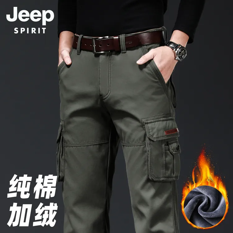 JEEP吉普工装裤男士宽松直筒秋冬季加绒厚款户外多口袋纯棉休闲裤