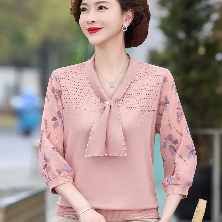 妈妈春秋新款时尚针织T恤中年女洋气纱袖上衣长袖夏季宽松小衫