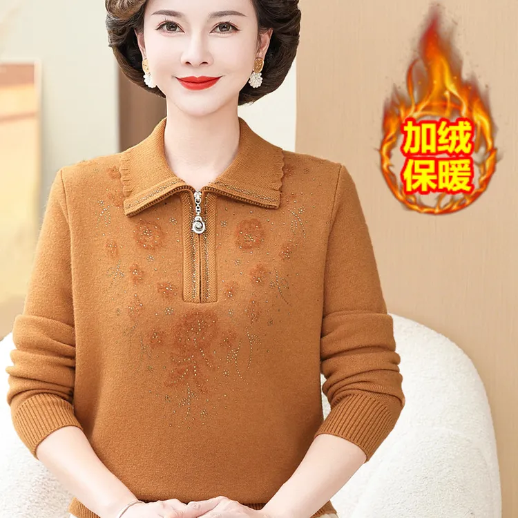 气质翻领中老年秋冬装针织长袖加绒加厚拉链毛衣妈妈冬装纯色打底